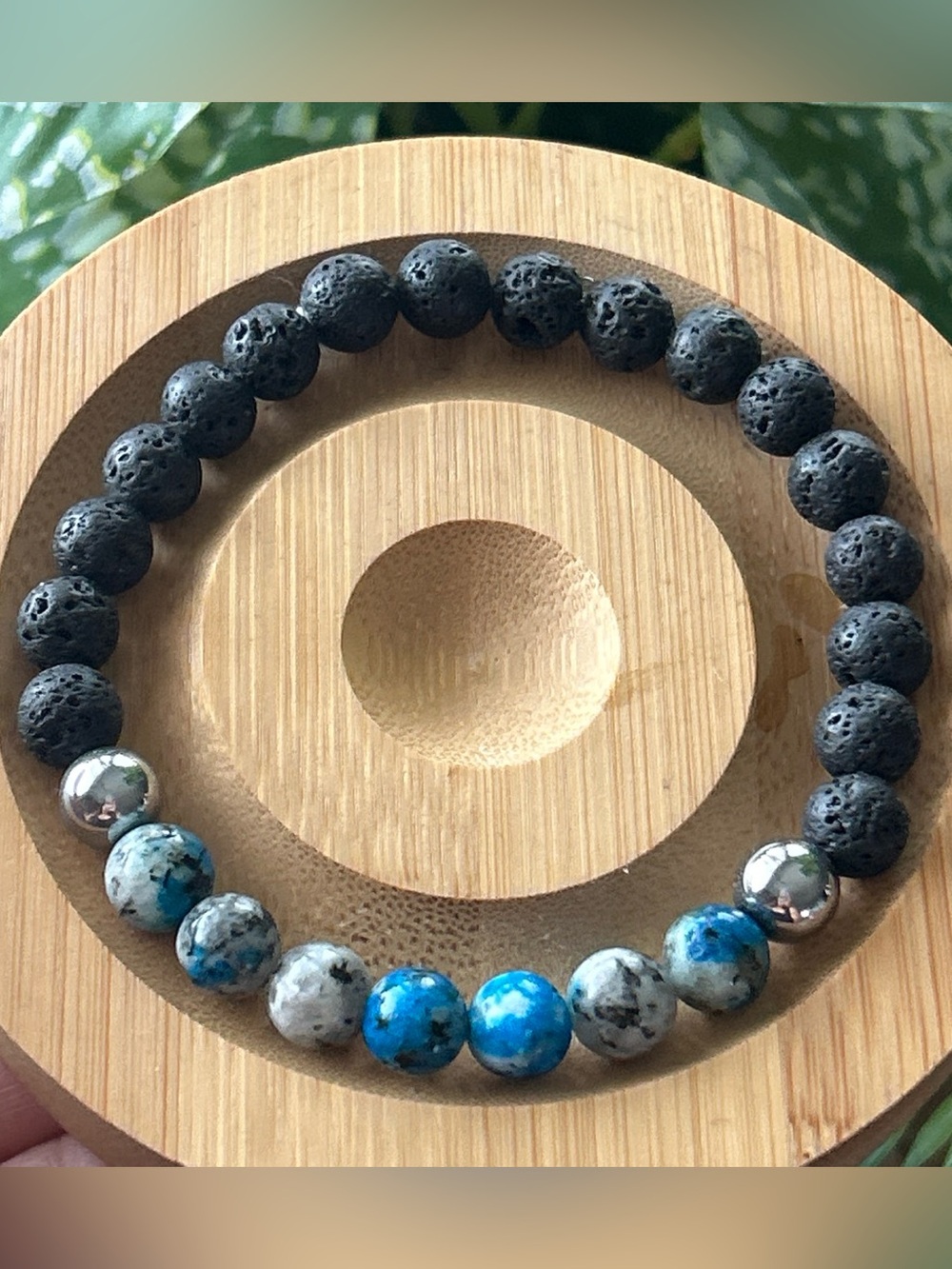K2 stone + lava stone bracelet with silver hematite accents - Black and Blue